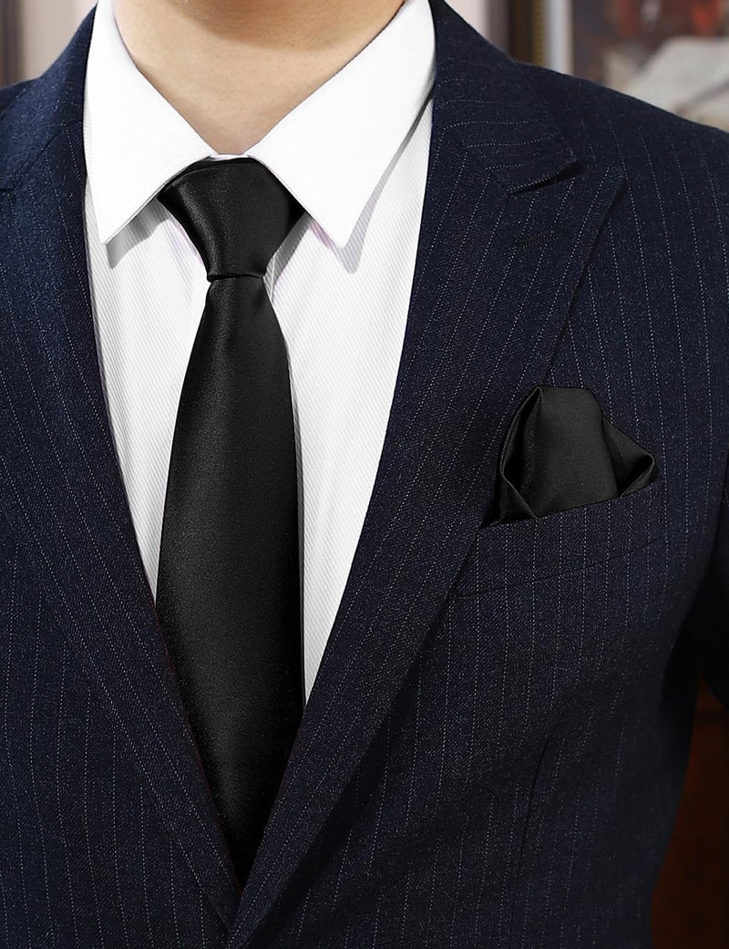 pensee Men's Tie Set Solid Pure Color 3.15" (8CM) Classic Formal Plain Necktie and Pocket Square Set For Men - Image 2